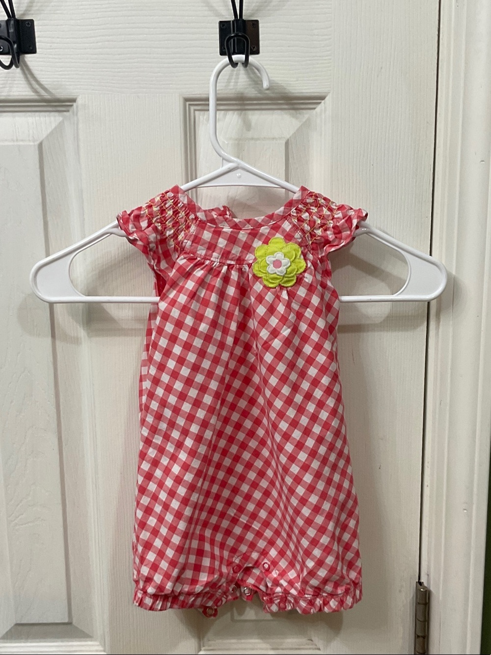 Carter's Red and White Gingham Baby Romper with Flower Stitch